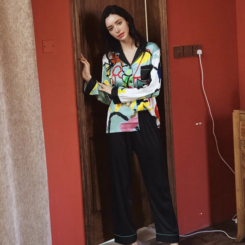 Spring and autumn new pajamas set female printing simulation silk pyjamas fashion trend ice home service 2 pieces sleepwear | Женская