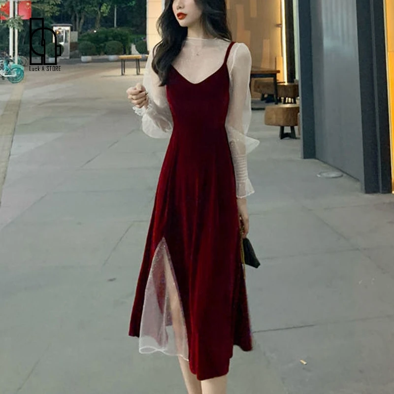 

Spring Elegant Vintage Set Turtleneck Long Sleeve Sexy Shiny Blouse +Strapless Velvet Split Midi Dress Two Pieces Suit