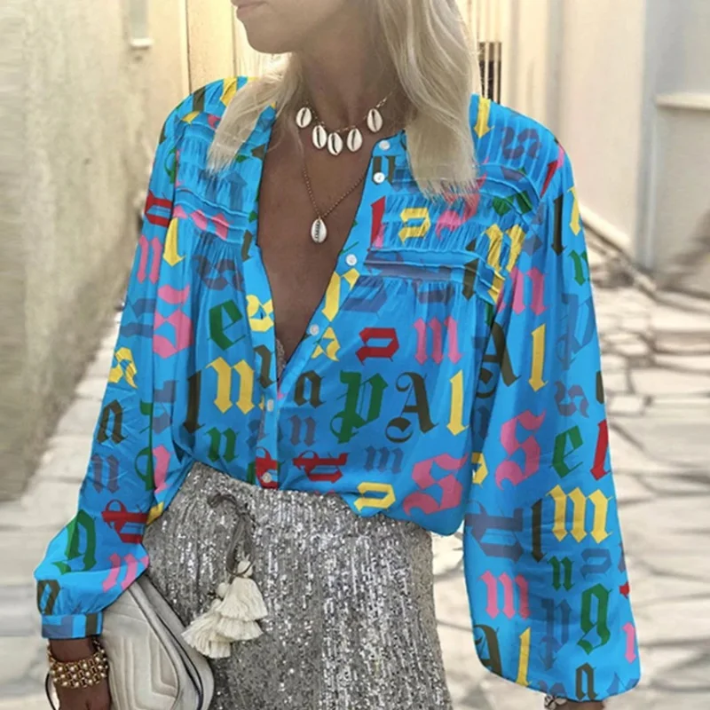 

Elegant Lantern Long Sleeve T Shirt Women Sexy V Neck Single Breasted Button Shirt 2021 Spring Autumn Letter Print Loose Tee Top