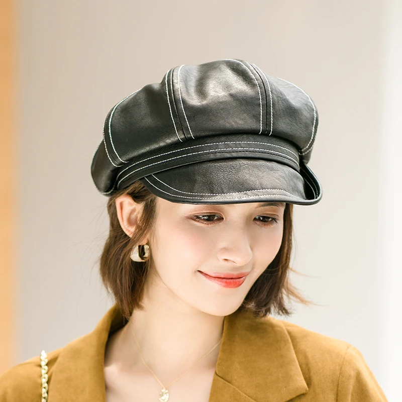 100% Pu Leather Beret Cap Octagonal Hat Female Autumn Winter Hats For Women Ladies Boina Feminina Gorras Bone Vintage England