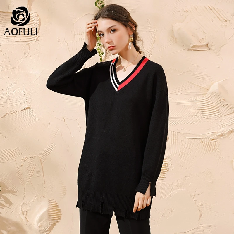 L- 4XL 5XL Chic Plus Size Women Knitted Sweaters Batwing Long Sleeve Pullover V-neck Knit Tops Casual Knitwear AOFULI A4110 | Женская