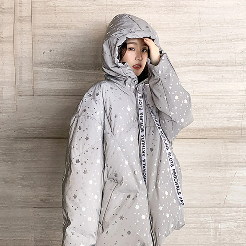 2021 Модное Новое зимнее пуховое хлопковое пальто женская Светоотражающая