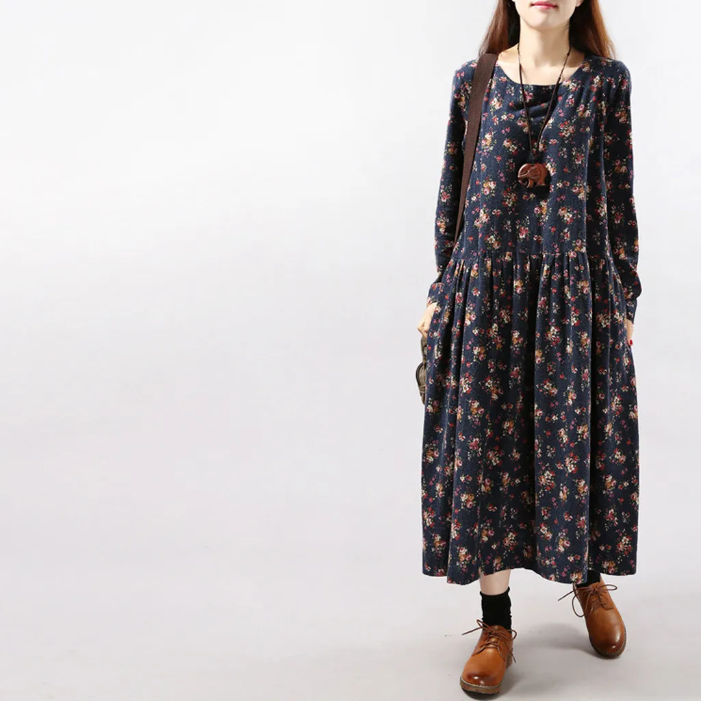 Женское модное повседневное льняное платье размера плюс с круглым вырезом и