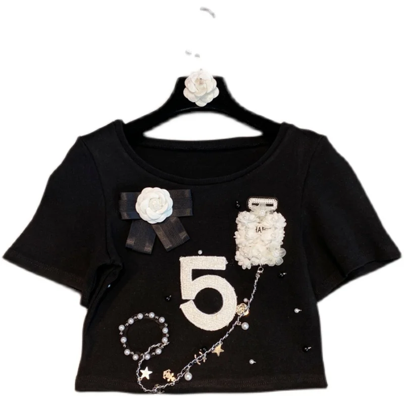 

2021 Summer New Short Sleeve Bow Sweet All-Matching Digital Pendant Chain Round Neck Short Sleeve T-shirt Women Short Tops