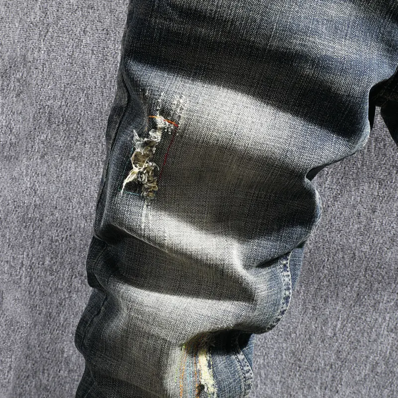 European Vintage Fashion Men Jeans Retro Blue Distressed Washed Slim Fit Ripped Jeans Men Designer Elastic Casual Denim Pants