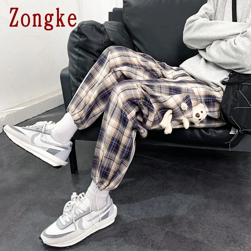 

Zongke Bear Doll Men's Plaid Pants Harajuku Men's Clothing Checkered Pants Korean Style Checked Trousers Ankle-Length M-4XL 2021