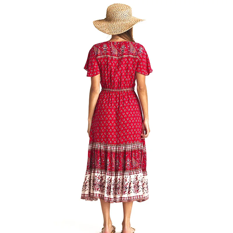

Maxi Dresses for Women Bohemian Floral Printed Dress Women Vintage V-neck Single-Breasted Expandable Dress