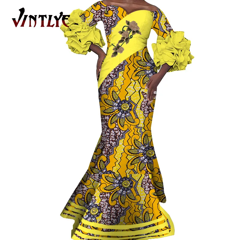 

African Dresses for Women Dashiki Traditional Floral Print Lady's Evening Dress Sexy Strapless Wedding Garments Petal Sleeve