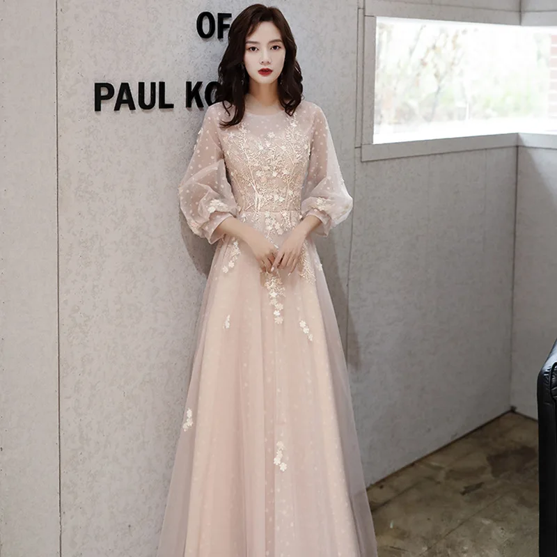 

Women's Celebrity Dresses Appliques O-Neck Three-Quarter Sleeve Gentle Banquet Gowns Floor-Length Sequined Puff Sleeve Dress