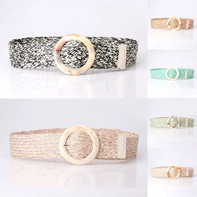 

Fashion Women Belt Straw Casual Wide Belt Female Woven Vintage Buckle Slim Elastic Waist Strap Decoration Dress Shirt Waist Seal