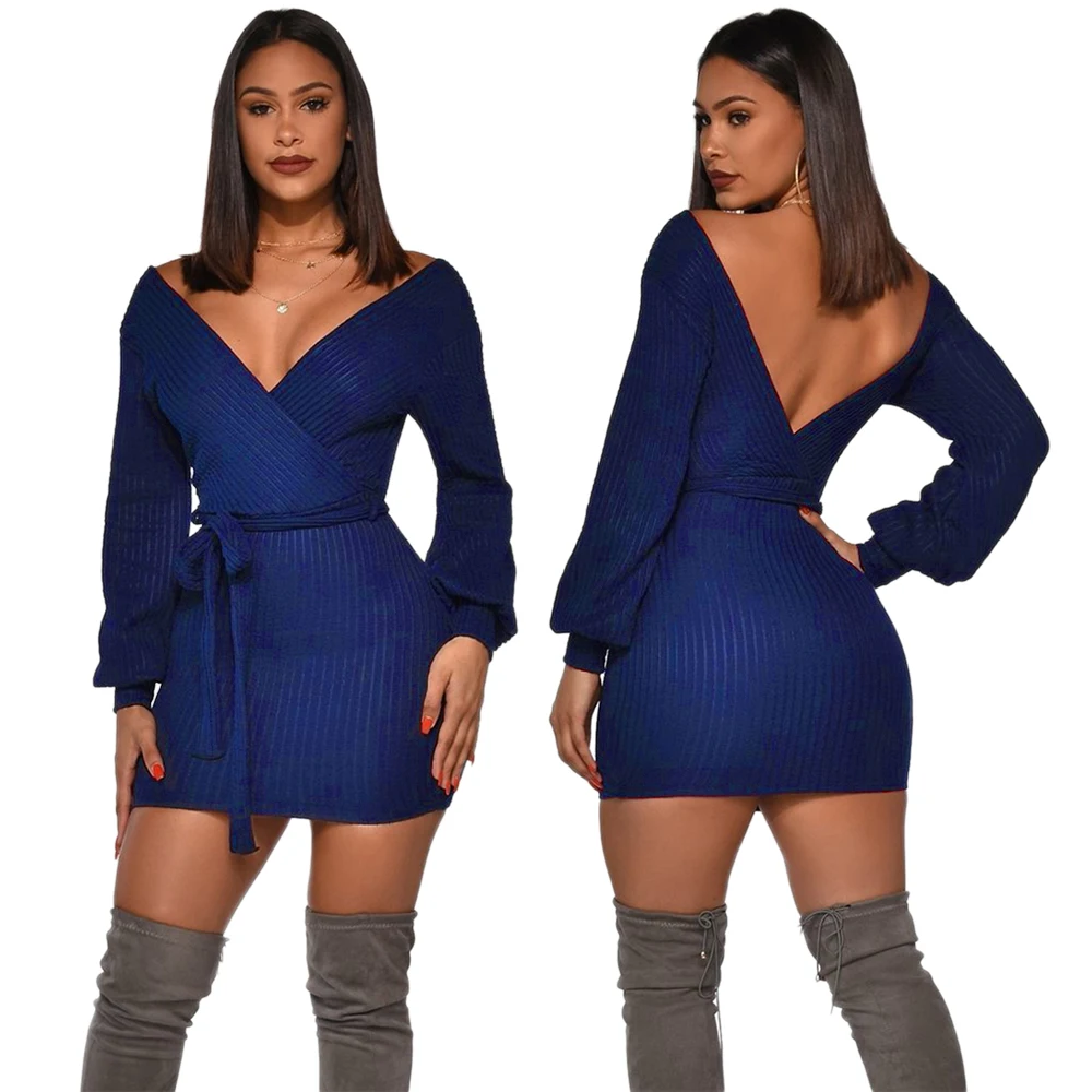 Новинка 2020 Женское зимнее мини платье одноцветное глубокий v-образный вырез