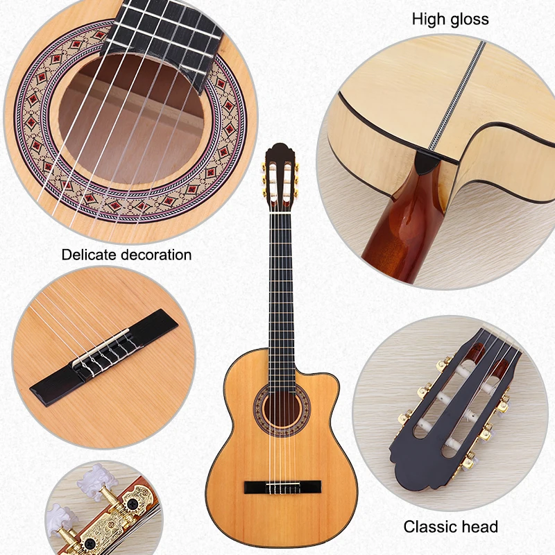 

High gloss 6 string classic guitar natural color 39inch spruce wood top cutway design classical guitar flame maple wood