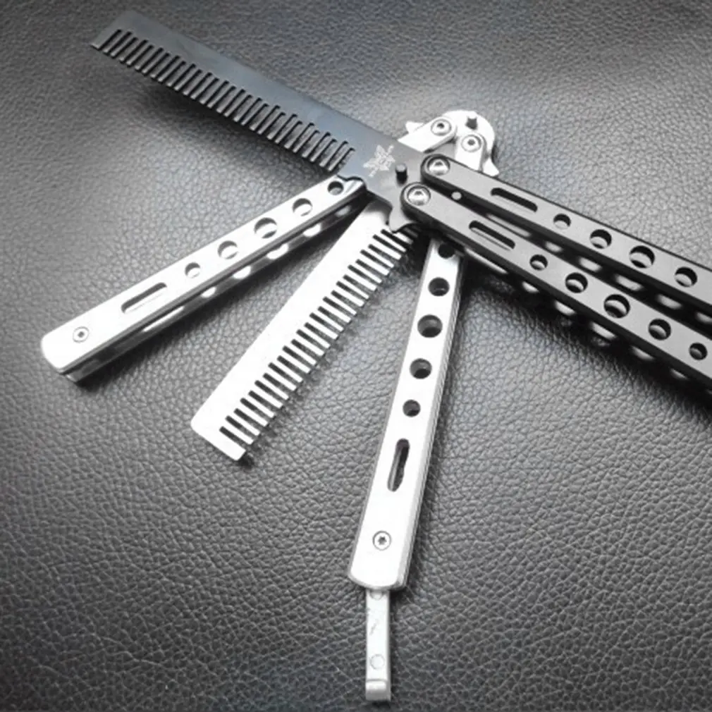 Professional Salon Stainless Steel Folding Butterfly Knife Hair Comb - Training and Styling Tool - Black/Silver image 4