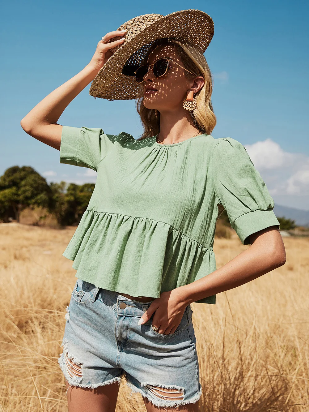 

2021 women's spring and summer new style coat foreign trade casual short-sleeved back single-breasted chiffon shirt