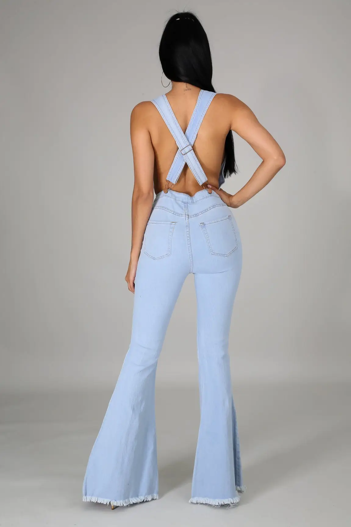 

Sexy Deep V-neck Sleeveless Ripped Jeans Jumpsuit Women Fashion Cross Backless Skinny Denim Overalls Women Denim Flare Jumpsuit