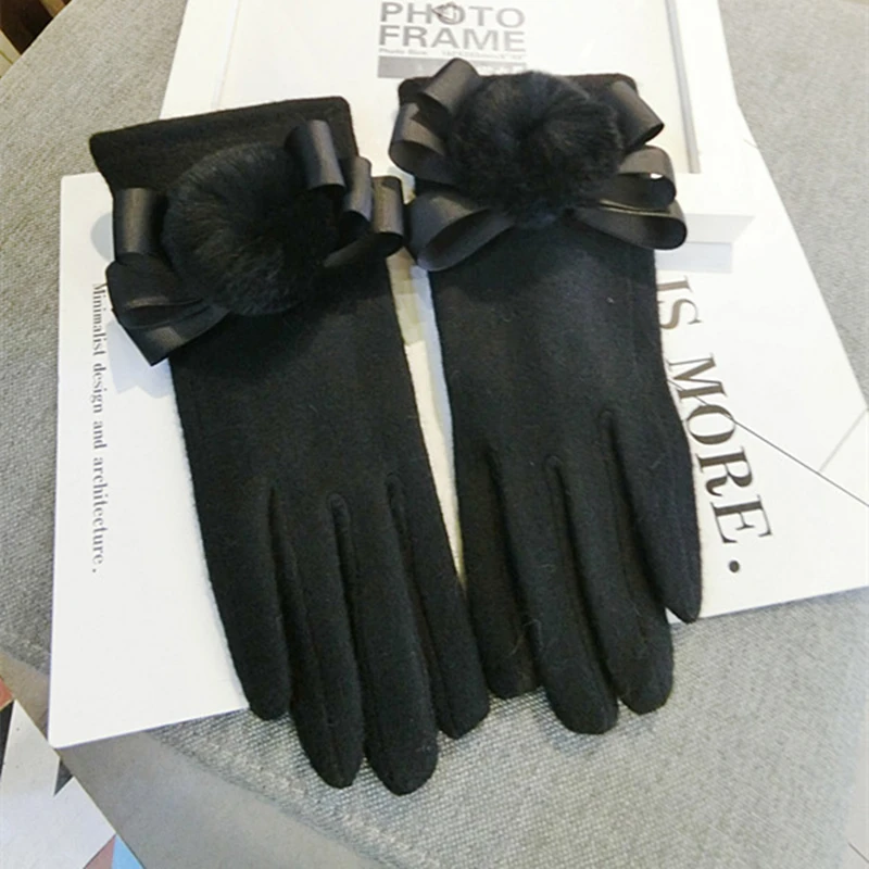 

Женские зимние двойные теплые кашемировые перчатки с бантом и пятью пальцами