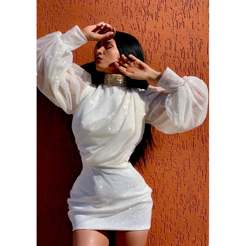 

Mandylandy женское элегантное Сетчатое ажурное облегающее платье, женское сексуальное модное платье с длинным рукавом-фонариком и высокой тали...