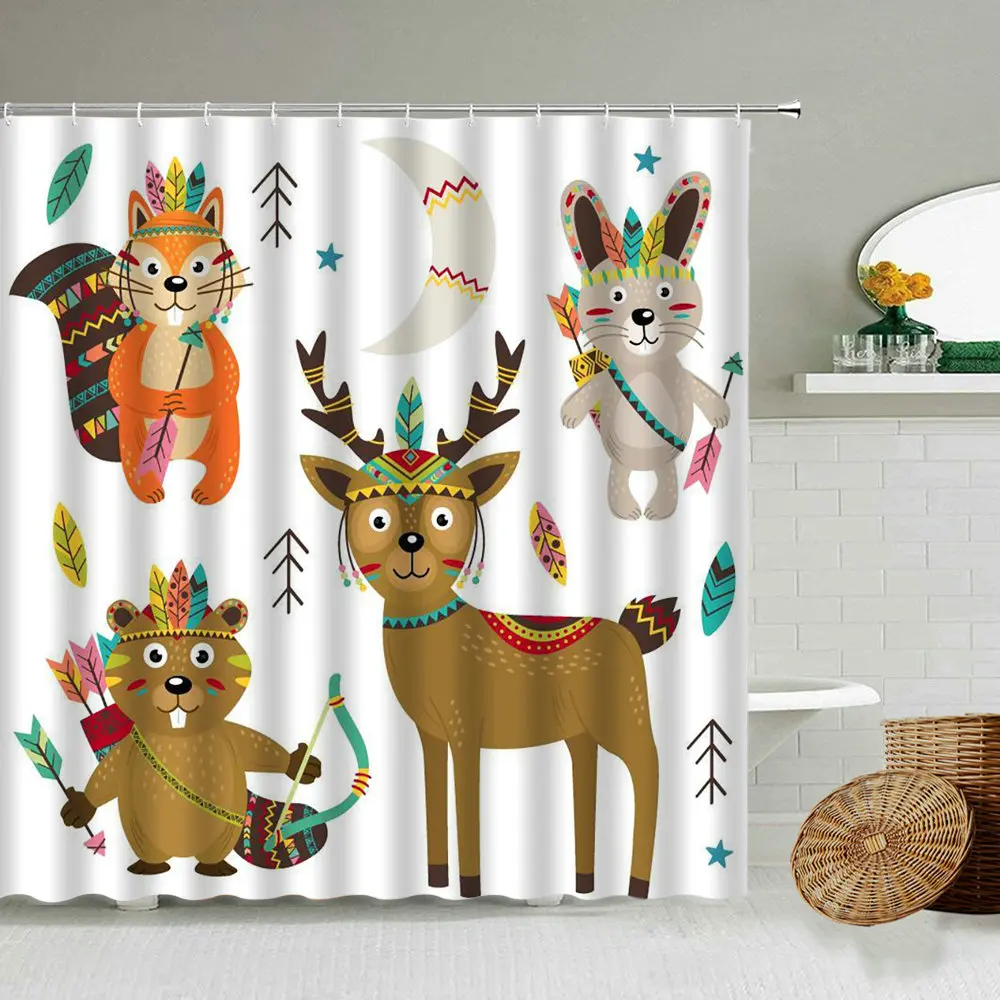 

Cartoon Bear Fox Cherry Shower Curtain Cute Animal Children Bathroom Waterproof Polyester Screen Home Decoration With Hook Set