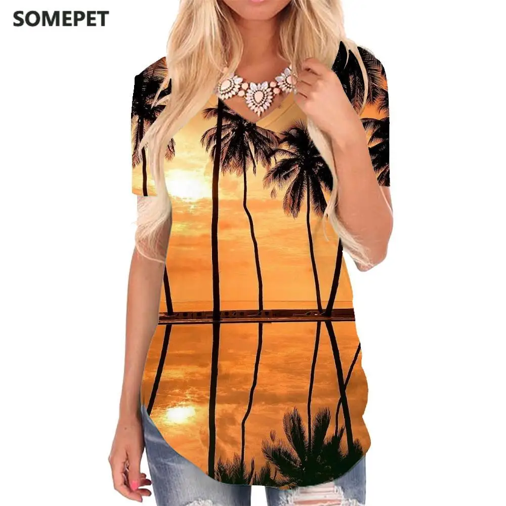 

SOMEPET Hawaii T-shirt women Coconut Tree T-shirts 3d Harajuku Shirt Print Party V-neck Tshirt Womens Clothing Punk Rock Cool