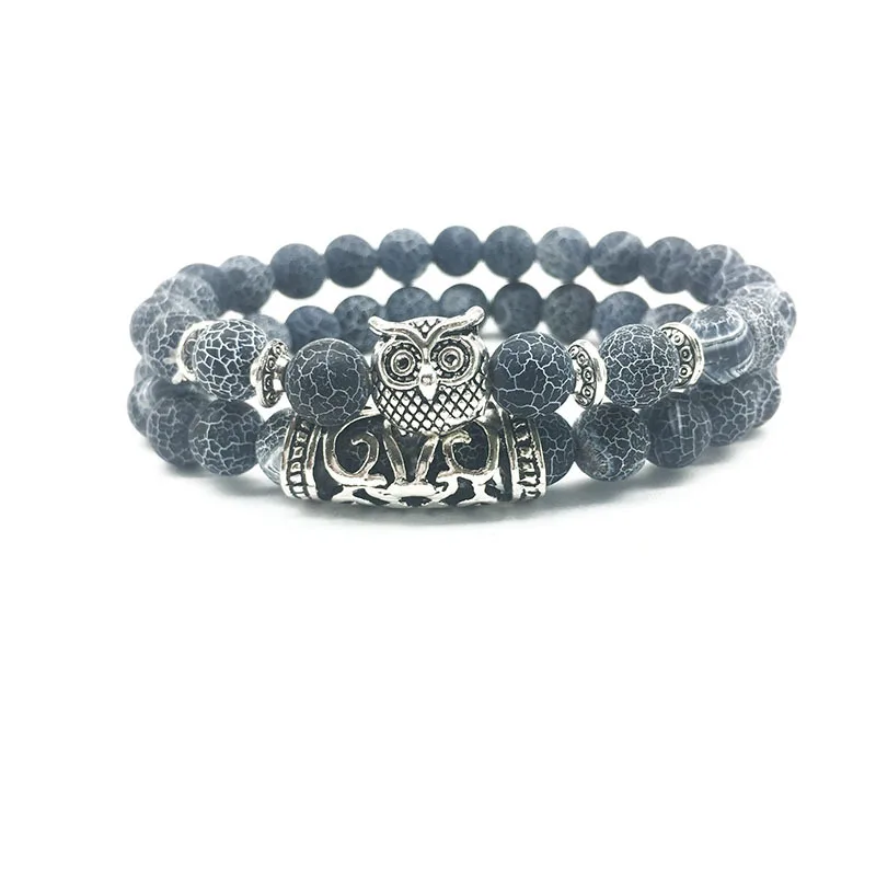 

Owl natural weathering volcanic stone round bead bracelet two pieces set lava stone positive energy bracelets