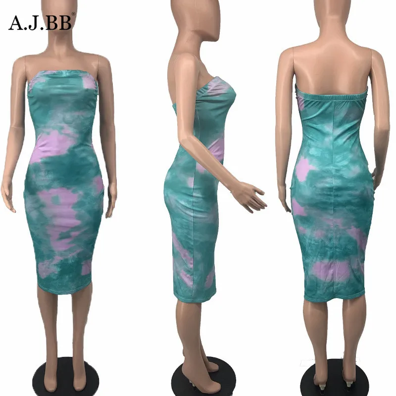 

European and American sexy tie dye Printed Dress Fashion slim off shoulder women's bra medium long skirt