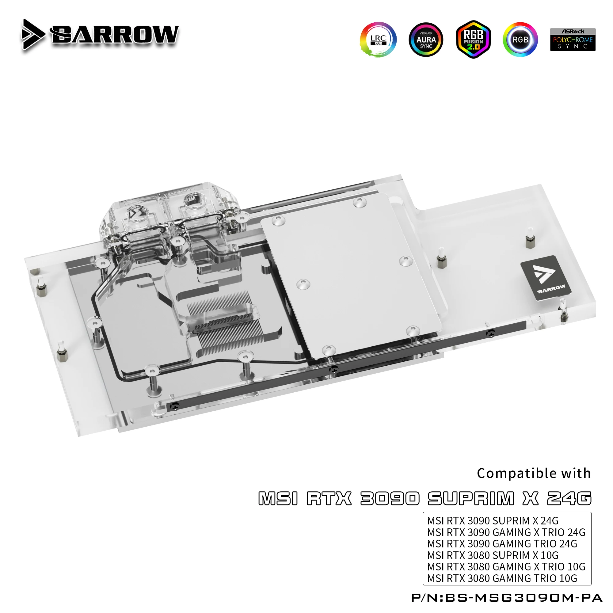 Водяной блок Barrow 3090 3080 GPU для MSI RTX 3090/3080 GAMING X TRIO кулер с полным покрытием ARGB BS-MSG3090M-PA