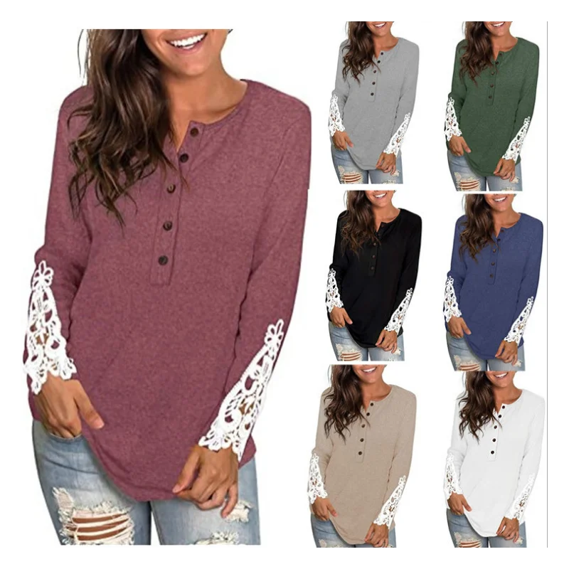 

2021 Autumn And Winter Style Neck Button Sleeve Lace T-shirt Spring And Autumn Women Top
