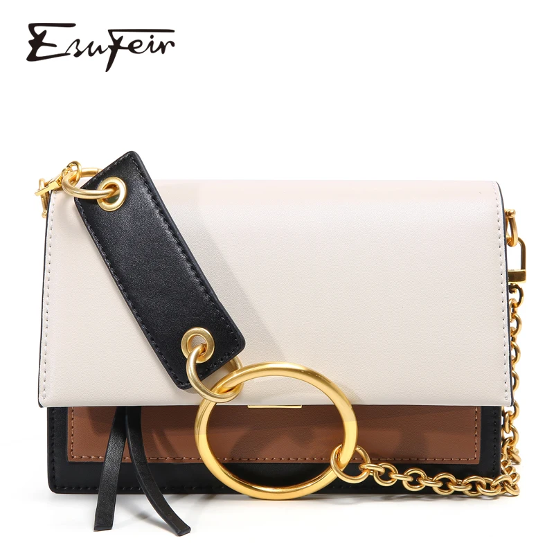 ESUFEIR Кожаная сумка на длинном ремне для женщин Vintage Flap Bag Модная цепочка с круглым кольцом Женская сумка через плечо Маленькие женские сумки