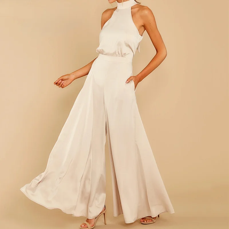 

Streetwear Sleeveless Bow Neck Halter Jumpsuit Women's Solid Color Wide Leg Jumpsuit