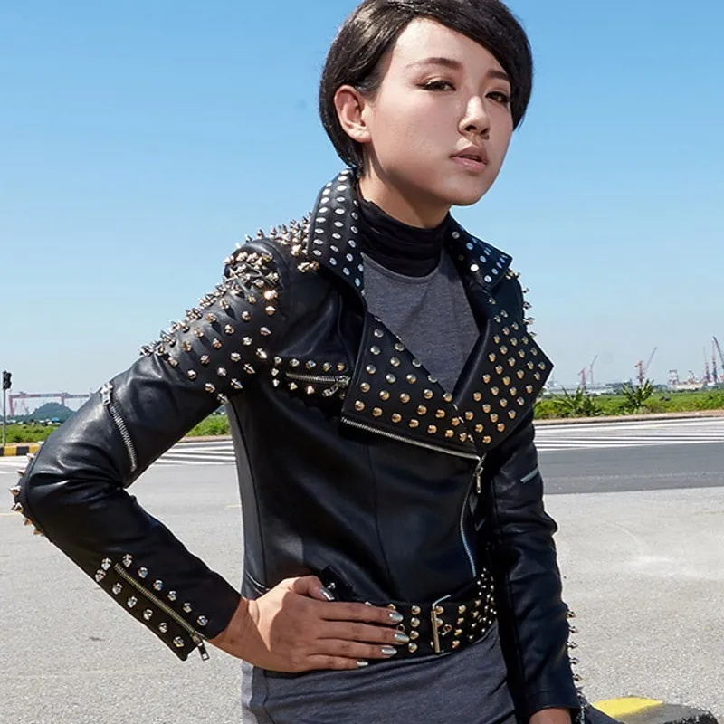 

Spring Autumn New Black Silver Motor Biker Rivet Womens Jackets Short Belted PU Leather Jacket Woman Chaquetas De Mujer