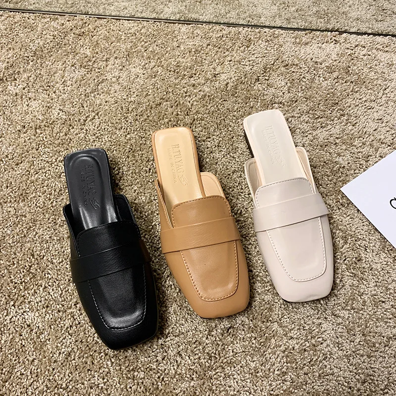 Женские босоножки без задника однотонные кожаные сандалии на низком толстом