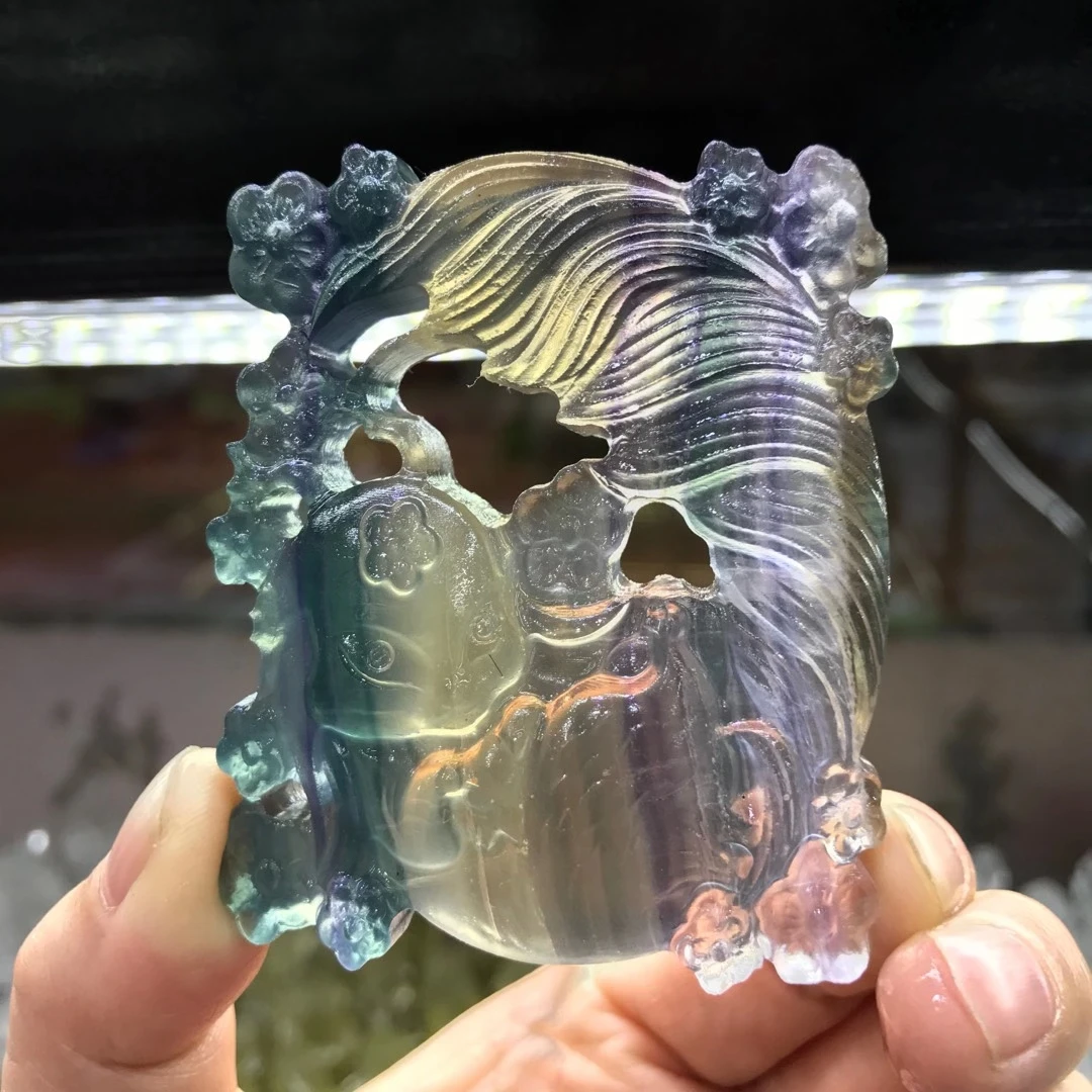 

Natural Crystal Color Fluorite Hand-Carved Nine Tailed Fox Fluorite Crystal Animal Statue Decoration Quartz Gemstones For Gift