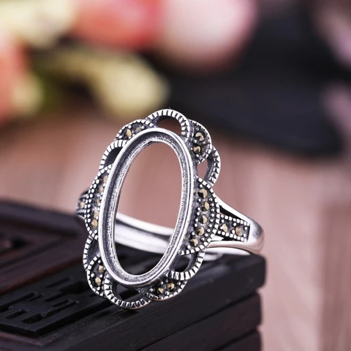 Art Deco Vintage 925 Sterling Silver Paty Ring 9.2x17.6mm Oval Cabochon Semi Mount Engagement Wedding for Amber Turquoise | Украшения и