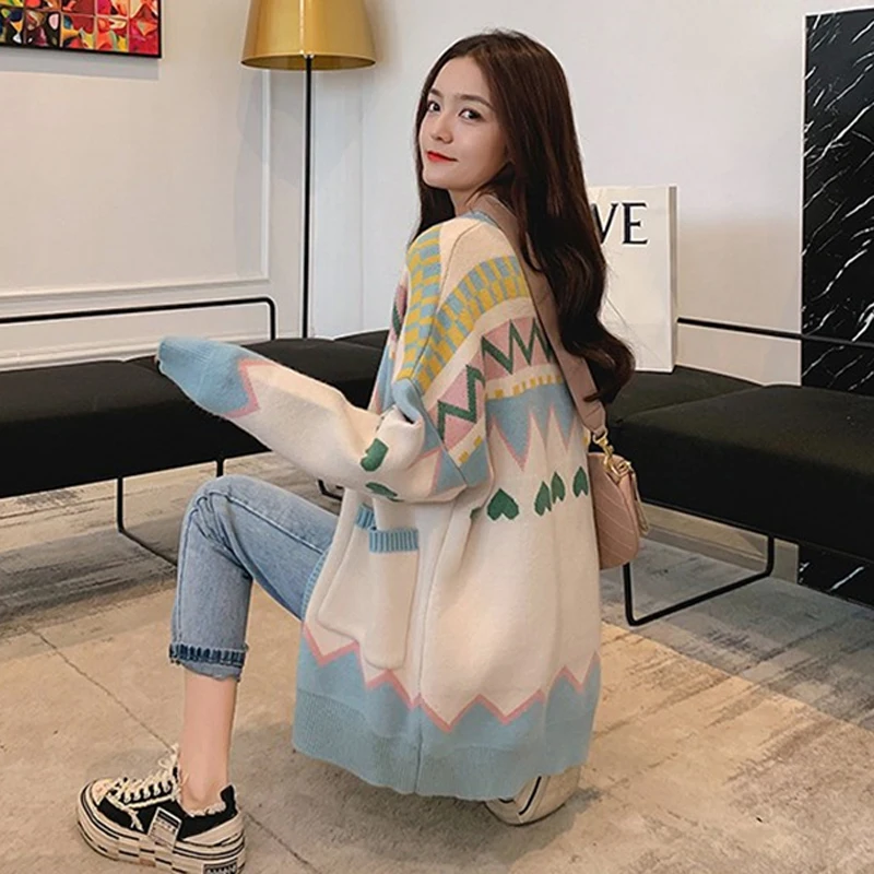 Элегантные женские свитера с разноцветным узором Осень-зима 2019 однобортные