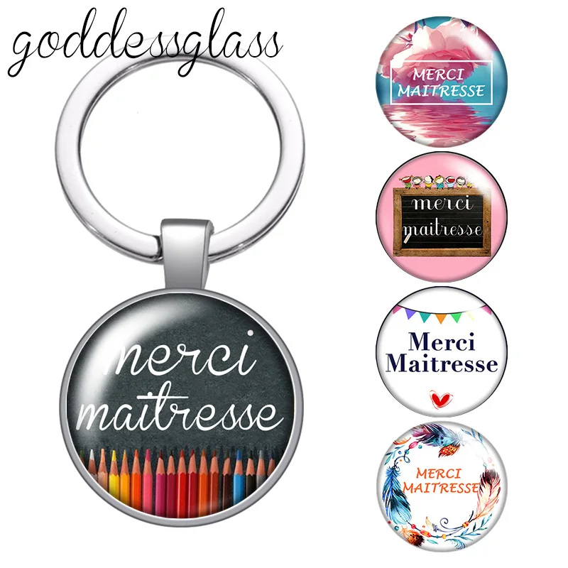 Le français merci maîtresse Flowers patterns glass cabochon keychain Bag Car key chain Ring Holder Charms keychains for Gifts