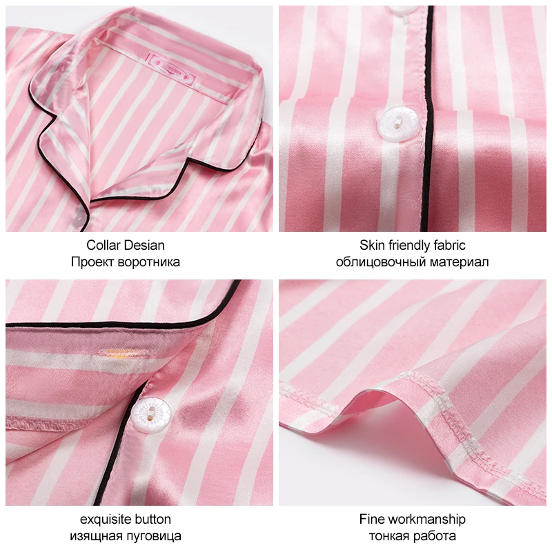 Pink Women's Pajama Set Silk Striped Pyjama Women Sleepwear Autumn Winter Homewear Robe Long Sleeve Nightwear Pjs | Женская одежда