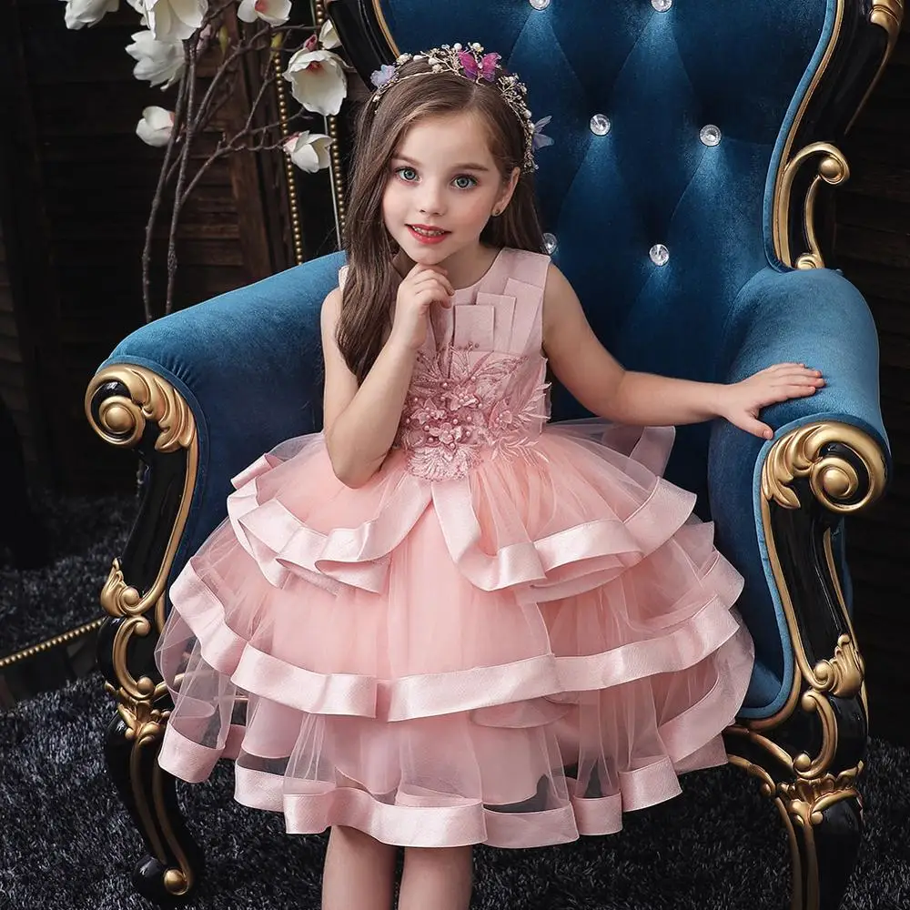 

Free Ship retail New Style Lace Girl Party Dresses Elegant Appliques Flower Girl Princess Dress Girl Summer Girl Dress 1-8 Year