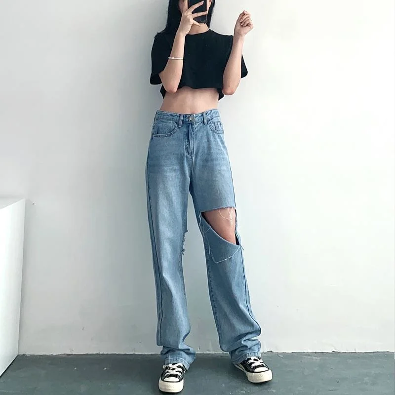 

High waist pierced jeans female student straight tube loose and thin m2021 style personality ins wide leg small man spring and