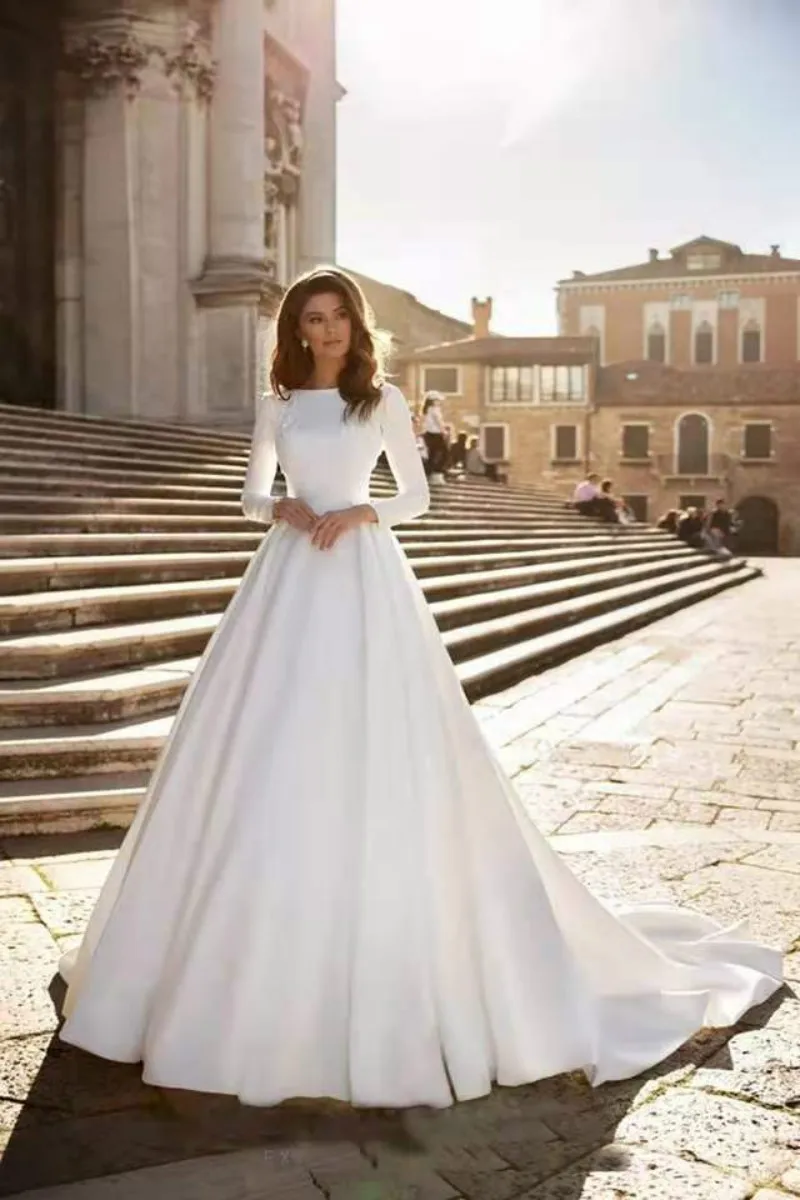 

A-line Wedding Dress Ivory Satin Wedding Gowns Elegant Long Sleeve Bridal Gown Abito Da Sposa 2020 Vestido De Noiva Brautkleid