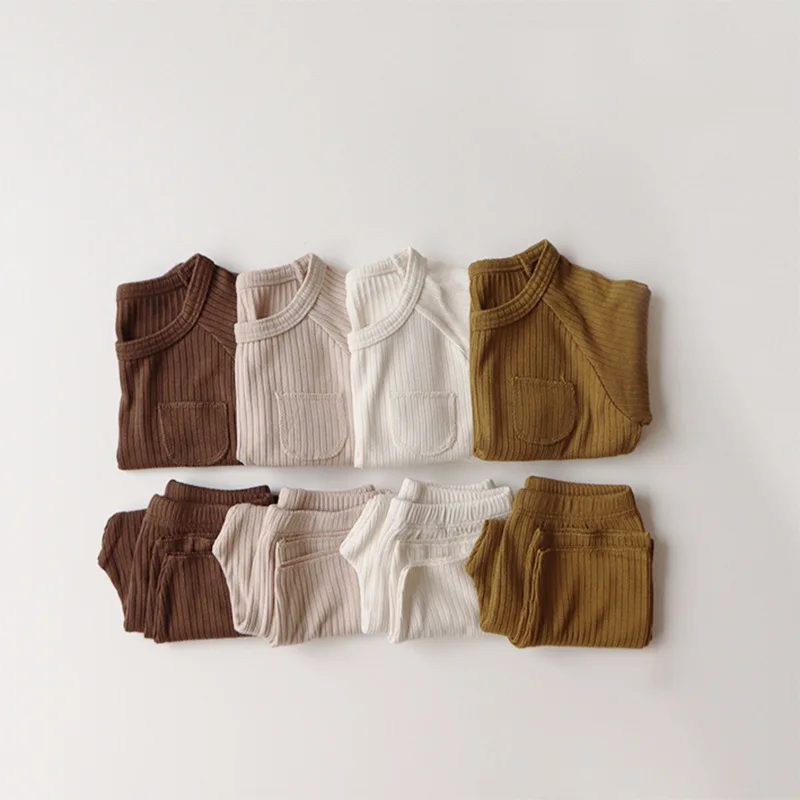 

Children's pajamas set 2022 new girl knitting pit strip long-sleeved pullover boy baby pure cotton home service suit