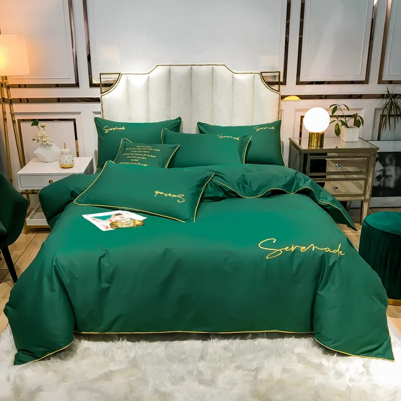 

Home textile 100%cotton bedding set letter embroidery duvet cover bed sheet linen pillowcase embroidered bedding Blue Grey king