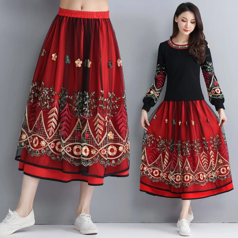 

Spring autumn Exotic Female Skirts Folk-Custom Elastic Waist Gauze A-Line Skirt Elegant Embroidery Skirts Loose and Comfortable