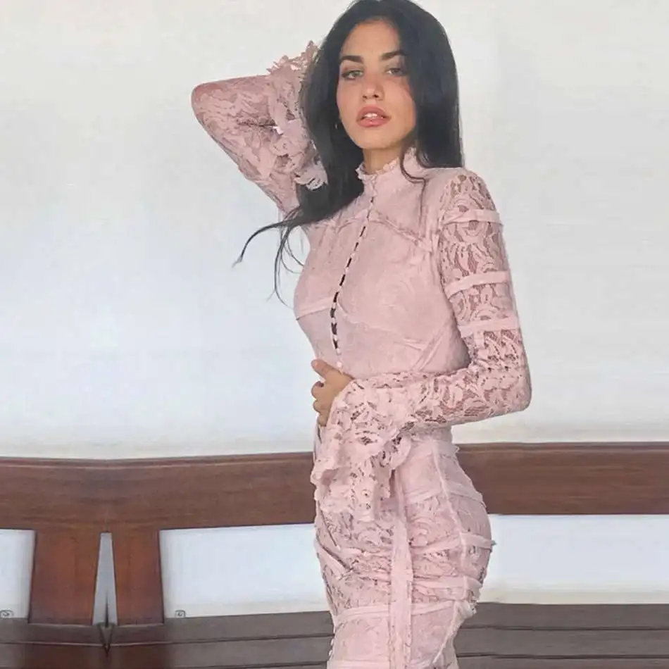 DressBird, женское осенне-зимнее Бандажное облегающее платье с длинным рукавом, Vestidos, сексуальное, кружевное, миди, розовое, черное, знаменитостей, вечерние платья, Vestido