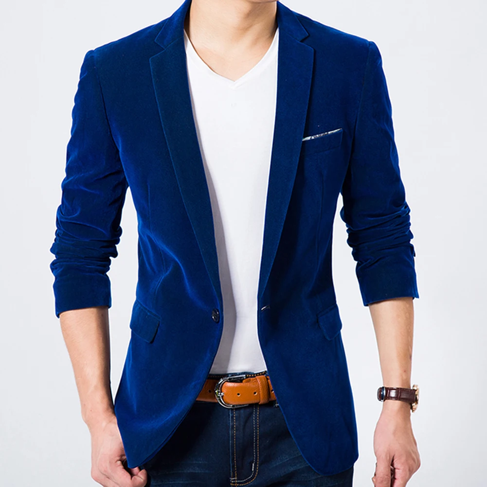 

Men Autumn Long Sleeve Lapel Collar Button Pocket Decor Velvet Slim Blazer Jacket