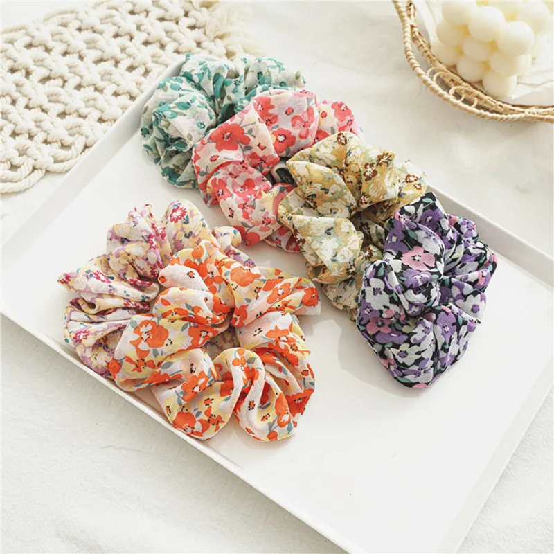 

Sweet Printed Floral Scrunchies Women Romantic Pink Blue Hair Rope Transparent Tulle Organza Hair Ties Hair Accessories