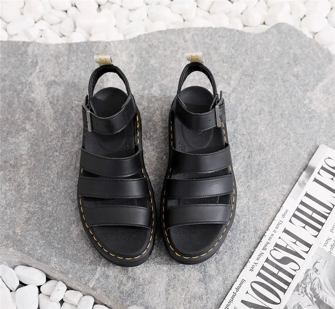 

2021 Sandals Beach Shoes Fashion Trend Wild Top Layer Cowhide Thick Sole Stitched Open Toe Sandals