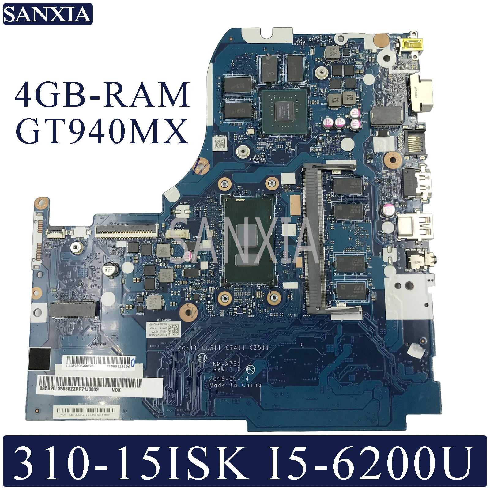 KEFU NM-A751 материнская плата для ноутбука lenovo 310-15ISK 510-15ISK оригинальная материнская плата 4 ГБ-RAM I5-6200U GT940MX/GT920MX 2 Гб