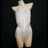 sparkly rhinestones white tassel bodysuit women sexy club outfit fringe dance costume one piece show wear singer stage leotard