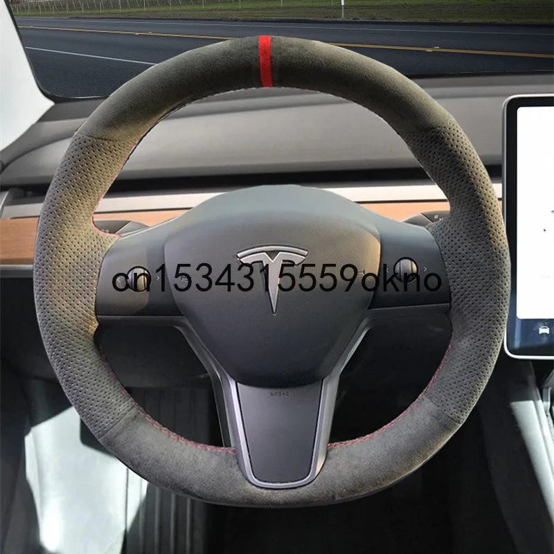 Для Tesla модель 3 модели Y черная замша DIY вручную чехол рулевого колеса автомобиля