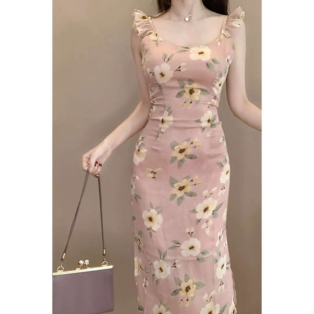 

2021 new gentle feminine suspender dress floral slim sexy bag hip FAIRY DRESS summer